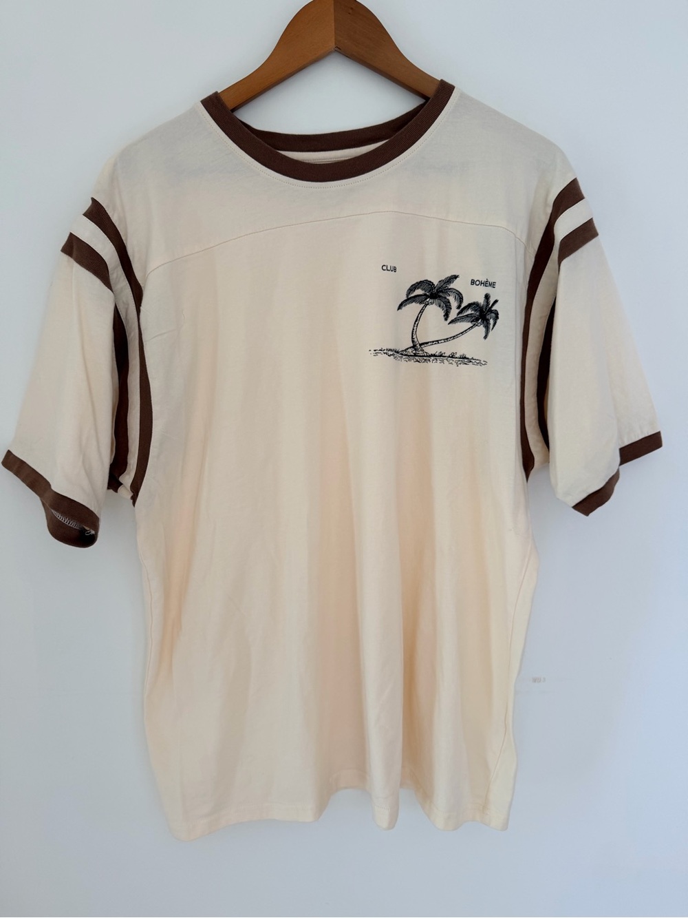 Boheme Cream Short-Sleeve Ringer Tee with Brown Trim and Palm Graphic